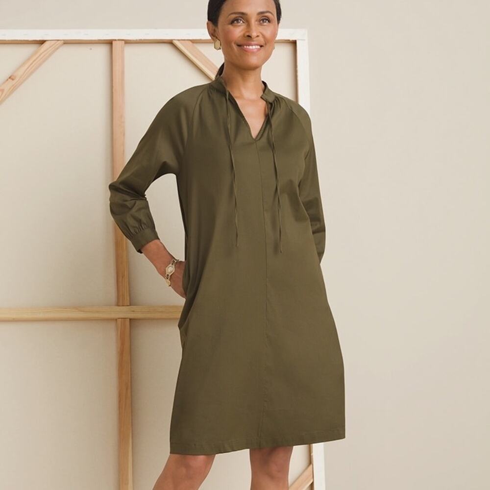 Chicos Short Dress Poplin Shift Amber Olive Green Long Sleeve Pockets Size 0 NWT